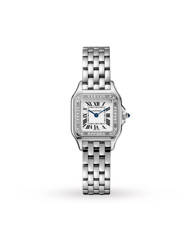 Panthegravere De Cartier Watch Small Model Quartz Movement Steel Diamonds